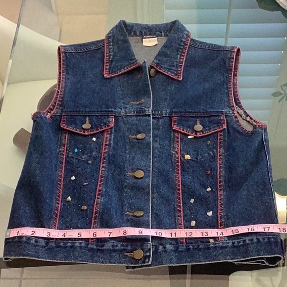 Cejon Jeans Jacket sz M Sleeveless Embellished Denim Vest Red Stitching EUC cute - Picture 9 of 17